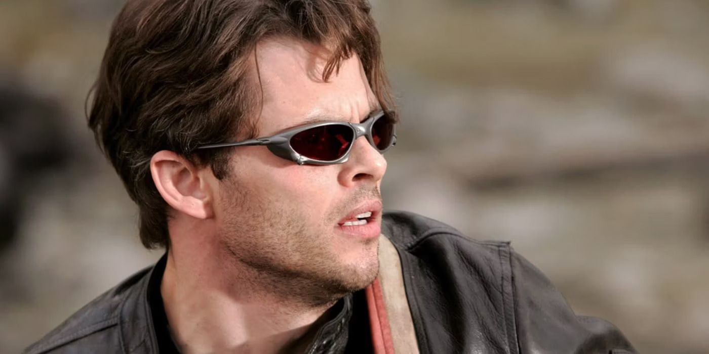 James Marsden as Cyclops in X-Men, looking offscreen to the right