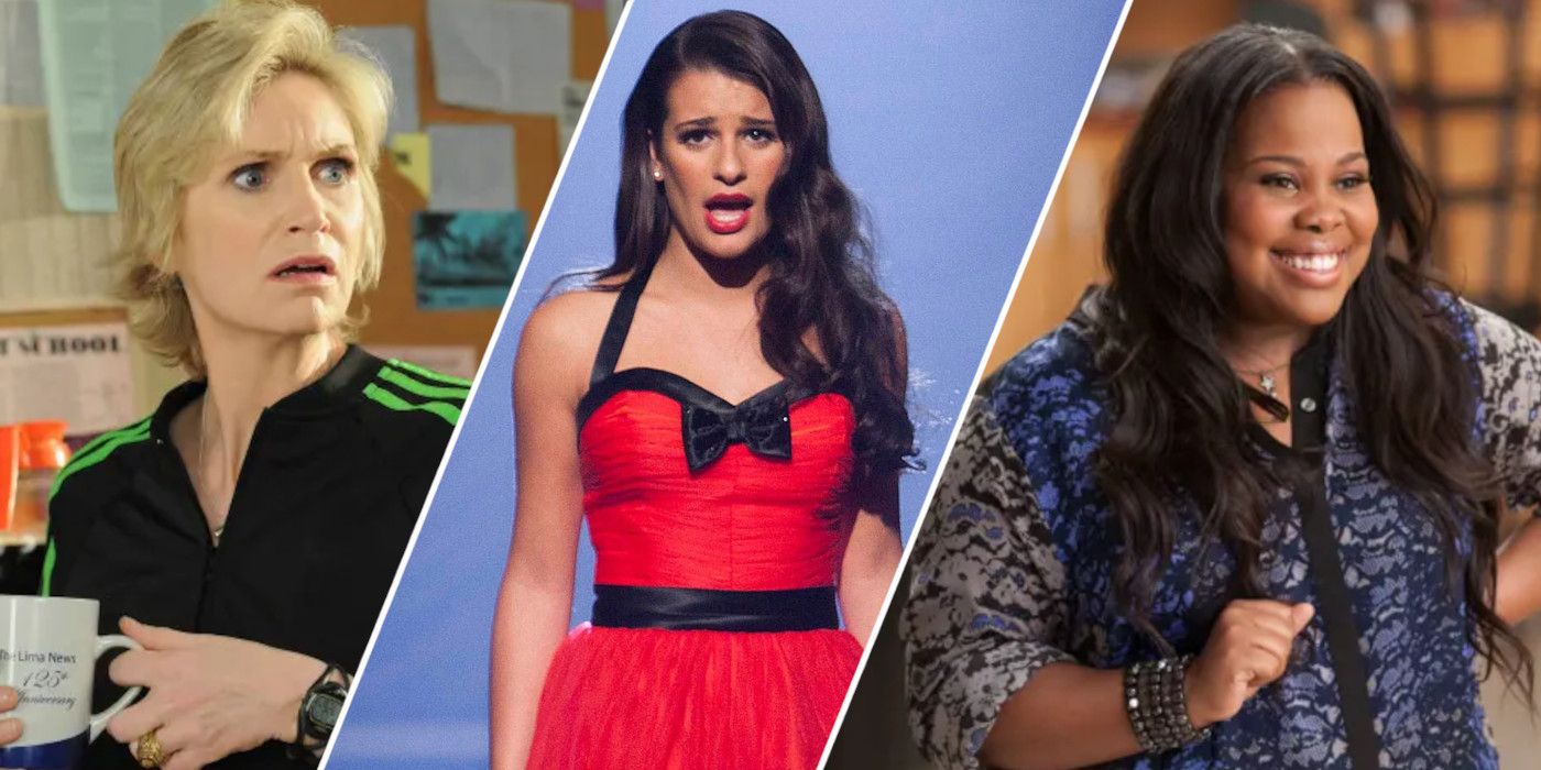 Split image showing Jane Lynch, Lea Michele, and Amber Riley in Glee