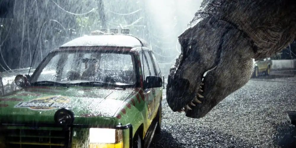 The T-Rex looking into the Ford Explorer in Jurassic Park