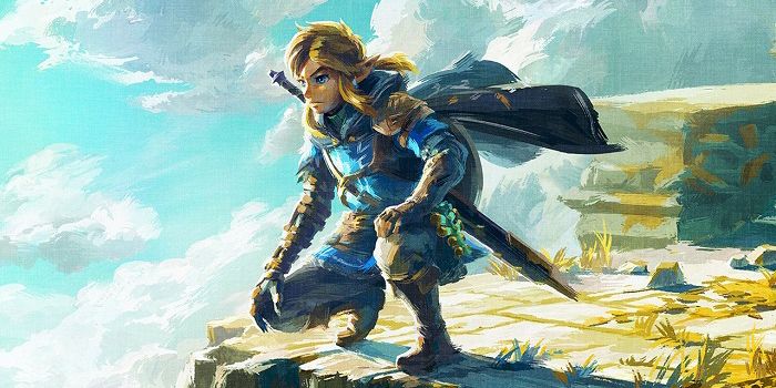 Link as he appears in The Legend of Zelda: Tears of the Kingdom kneeling on the edge of a cliff