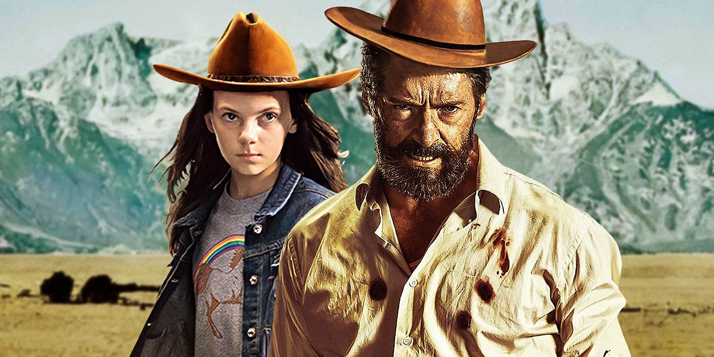 Blended image showing Laura and Logan from 2017's Logan with cowboy hats