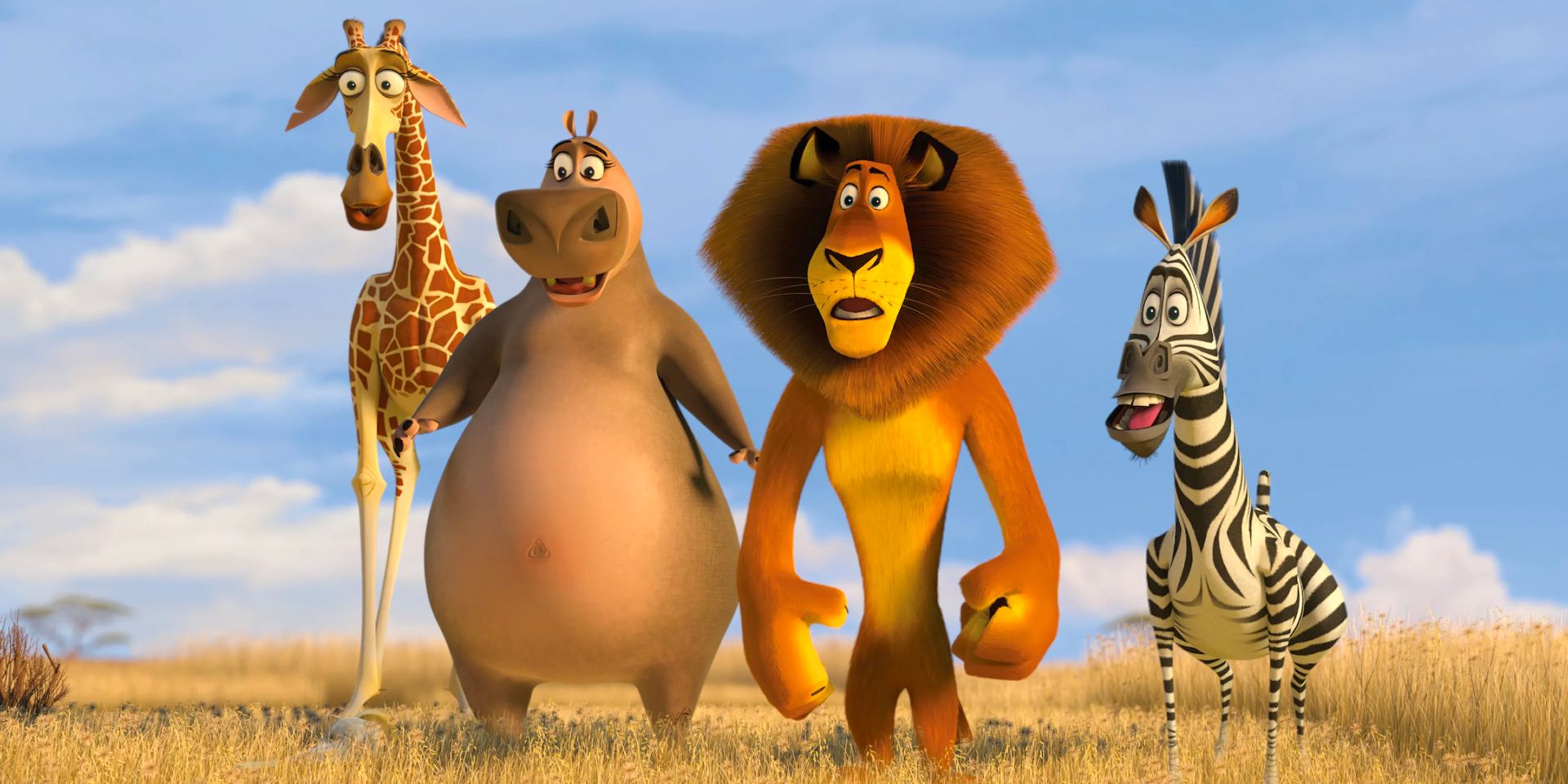 A giraffe, a hippo, a lion, and a zebra stare perplexed at something in the African wilderness. 