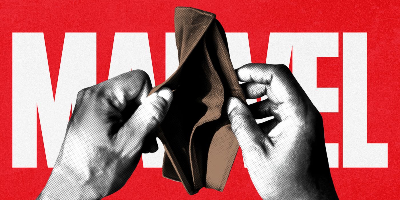 Empty wallet in front of the Marvel logo