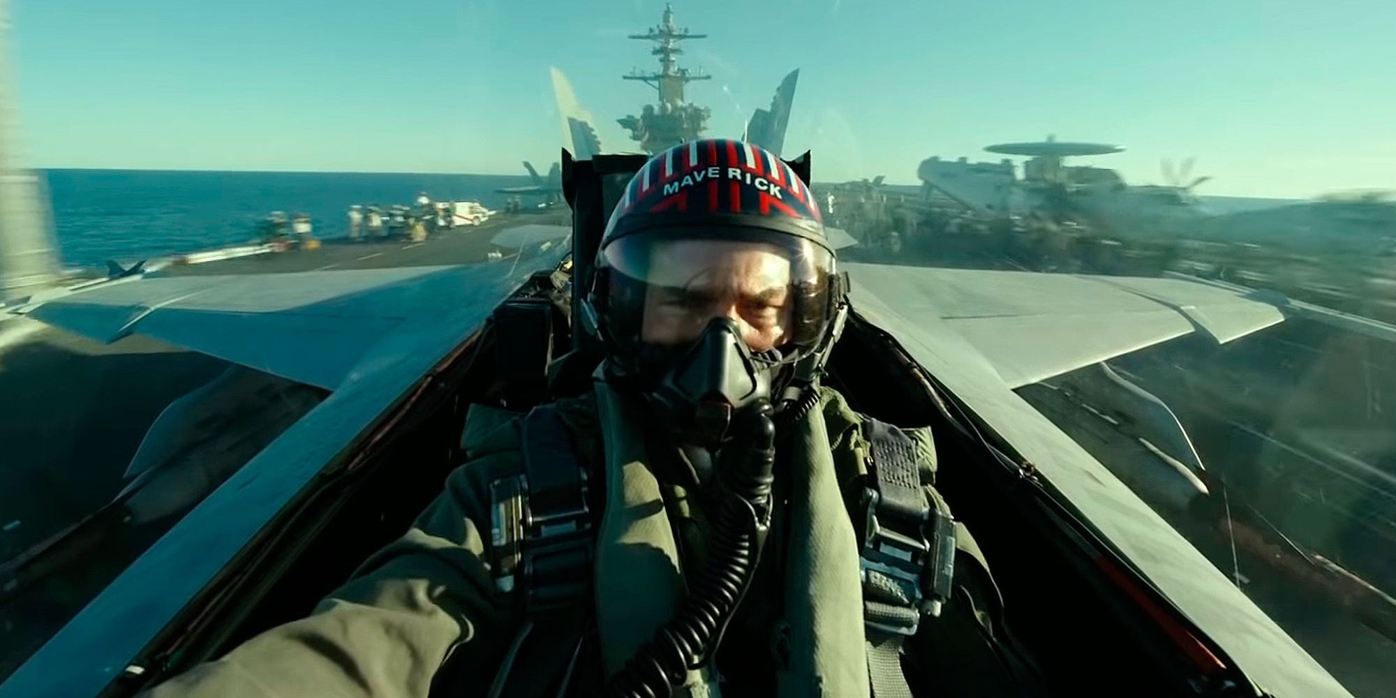 Maverick takes off from an aircraft carrier in Top Gun: Maverick