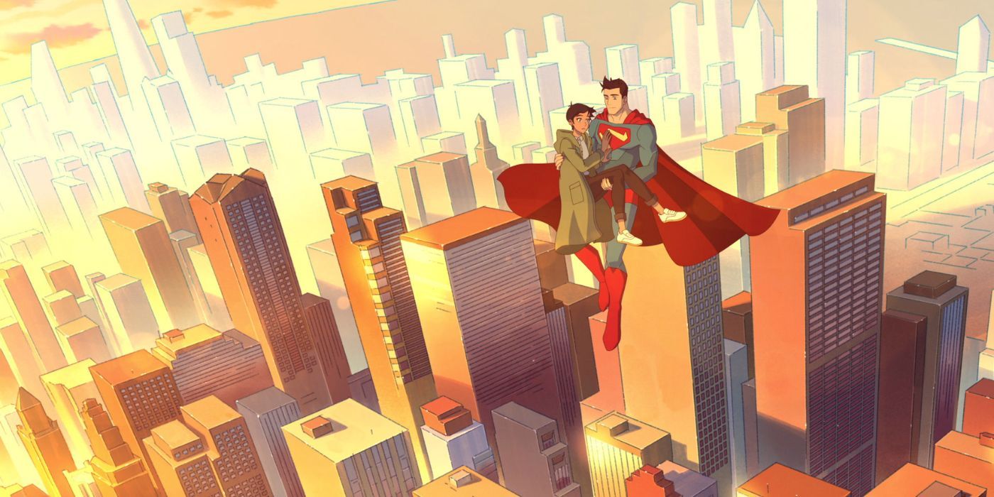 Superman/Clark Kent flying over Metropolis with Lois Lane