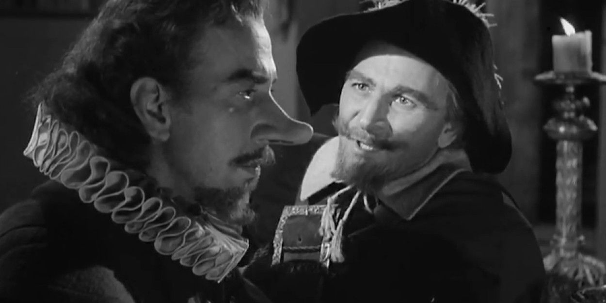 uma cena de 'Cyrano de Bergerac' (1950) com Jose Ferrer como Cyrano