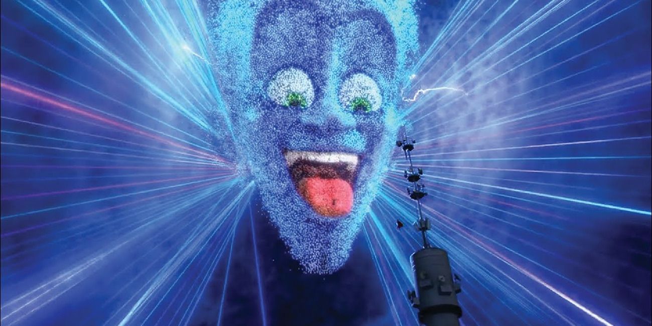 Megamind lights in the sky in front of a tower in 'Megamind'