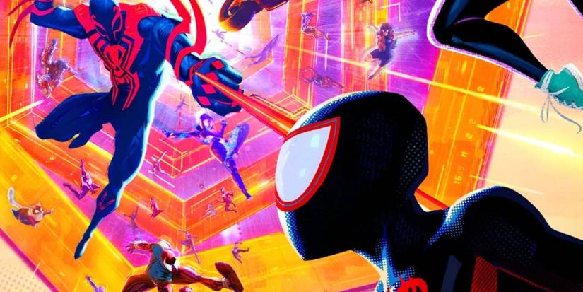Miguel and the Spider Society Chase Miles in Spider-Man: through Spiderverse.