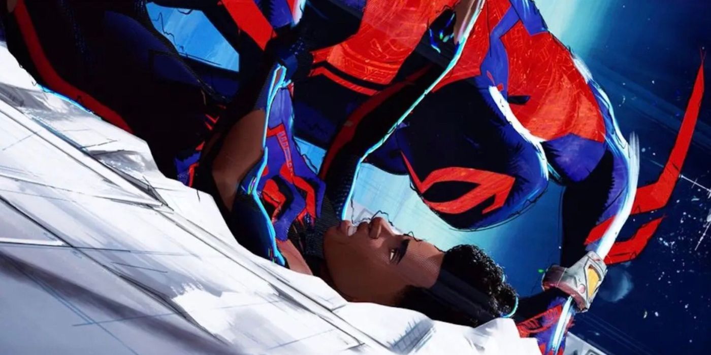 Miguel pins down Miles as he tries to escape the Spiderverse in Spider-Man: Across the Spider-Verse