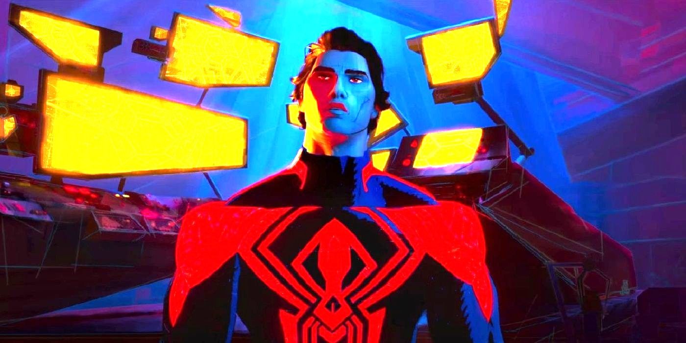 Miguel O'Hara wearing his Spider-Man suit without the mask and surrounded by screens in Across the Spider-Verse