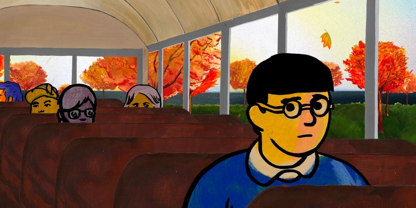 A nervous looking youth sits alone on the bus in the 2016 animated film 'My Entire High School Sinking into the Sea'.