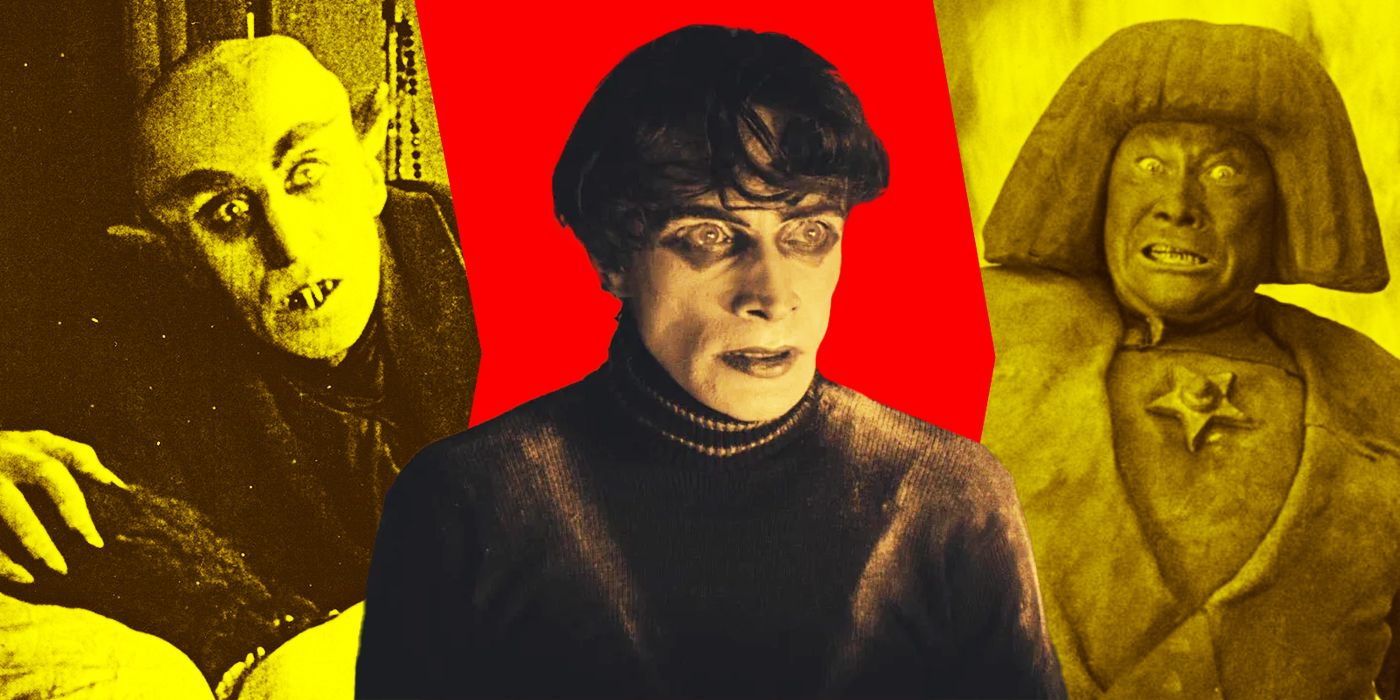 Blended image showing characters from Nosferatu, The Cabinet of Dr. Caligari, and The Golem