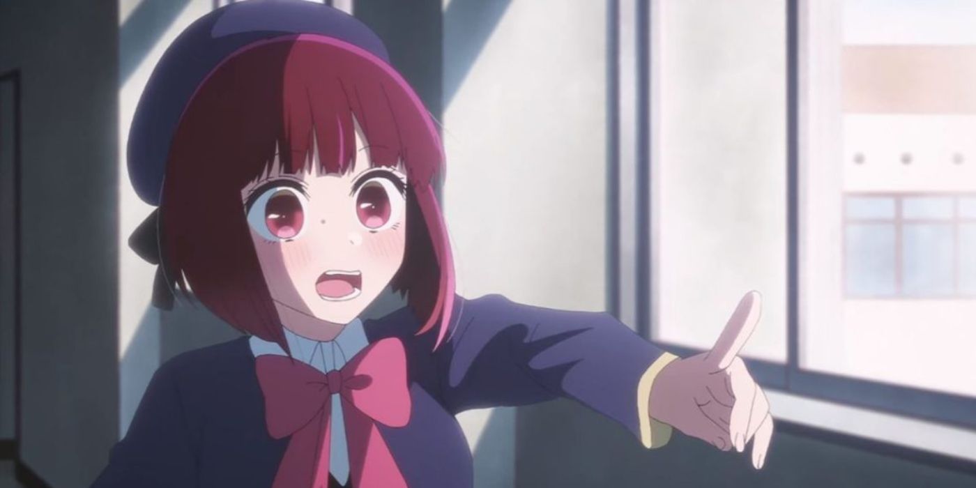 Kana Arima (voiced by Megumi Han) pointing at something and looking shocked in Oshi no Ko