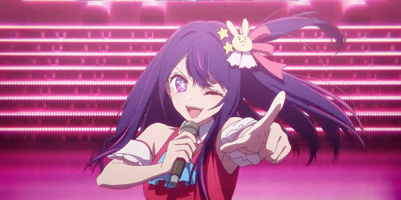 Ai Hoshino (voiced by Rie Takahashi) sings on stage and points at the audience in Son of Ninja