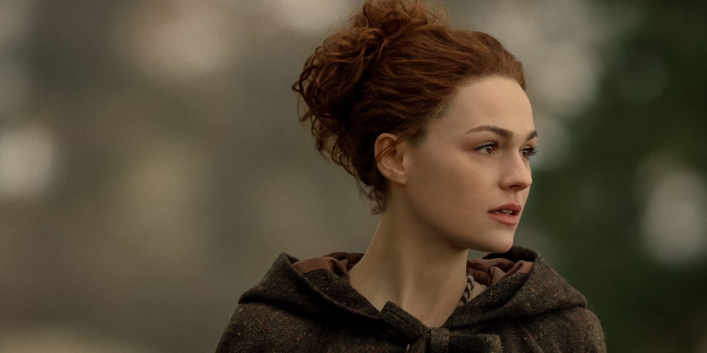 Brianna Randall Fraser, played by Sophie Skelton, in a dark cloak in 'Outlander.'