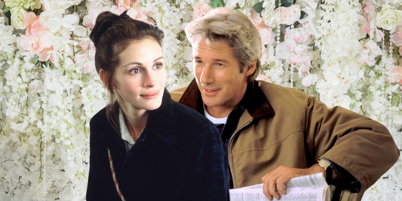 Julia Roberts and Richard Gere from Runaway Bride against a flowery background