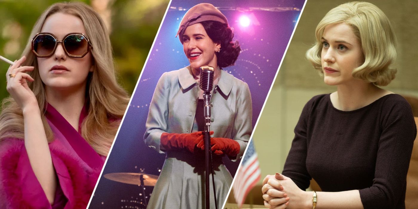 Split image shwoing Rachel Brosnahan in I'm Your Woman, The Marvelous Mrs. Maisel, and The Courier