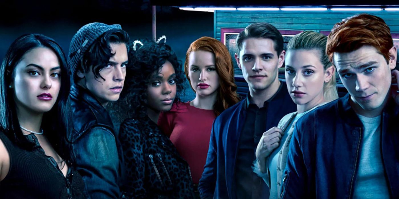 The cast of Riverdale in front of the diner in a promo poster