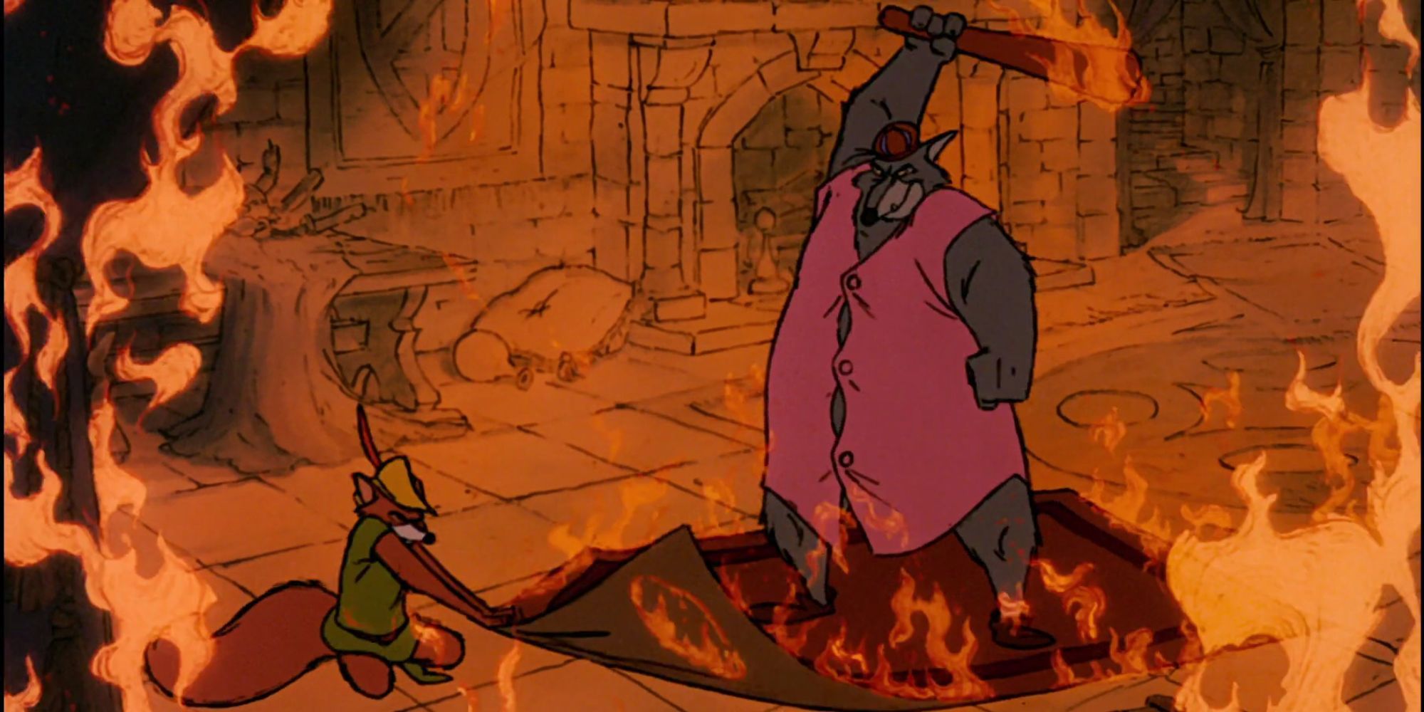 Robin Hood saca una alfombra de debajo del Sheriff de Nottingham mientras el castillo arde