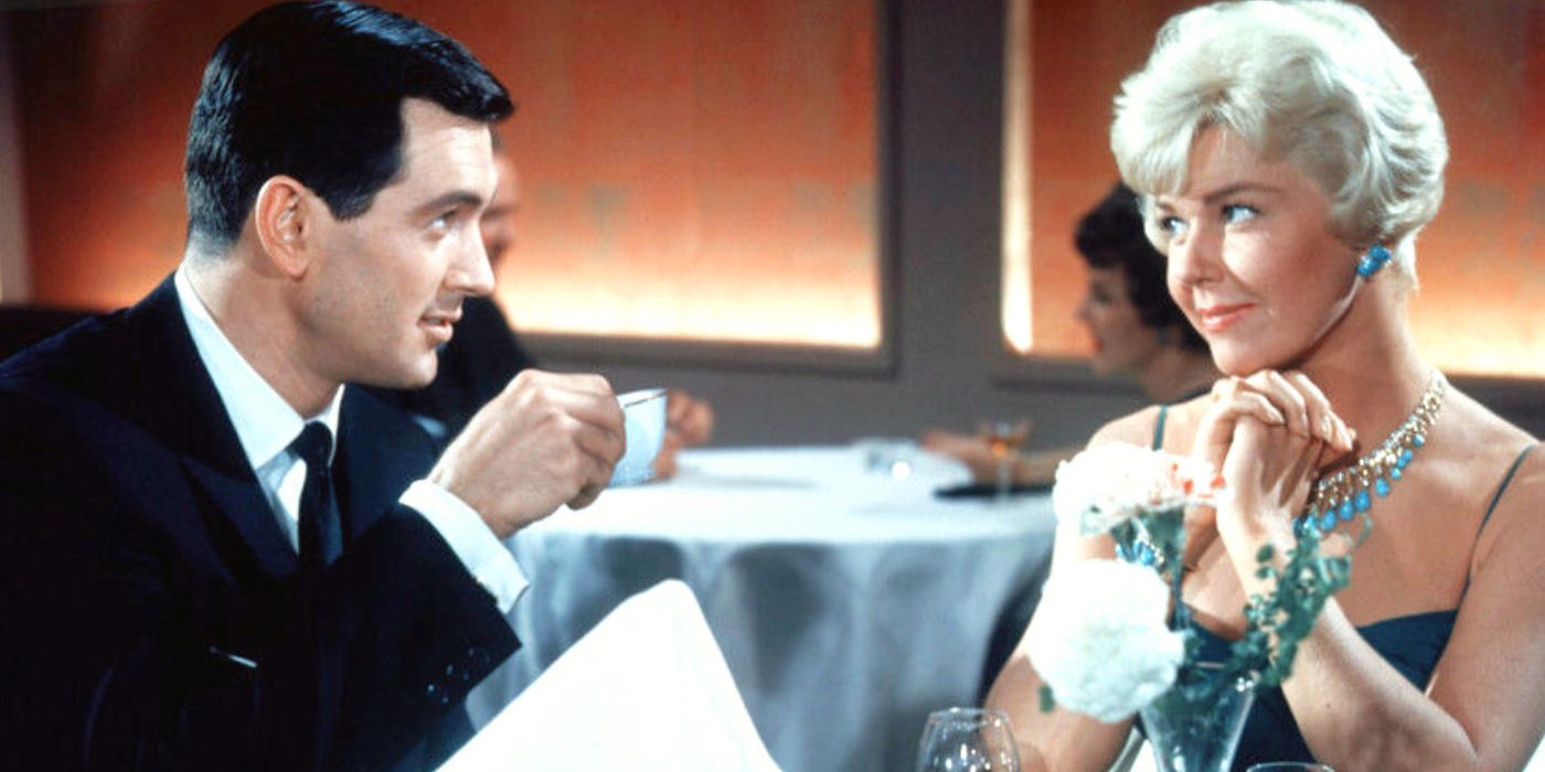 Rock Hudson and Doris Day at a table in Pillow Talk (1959)