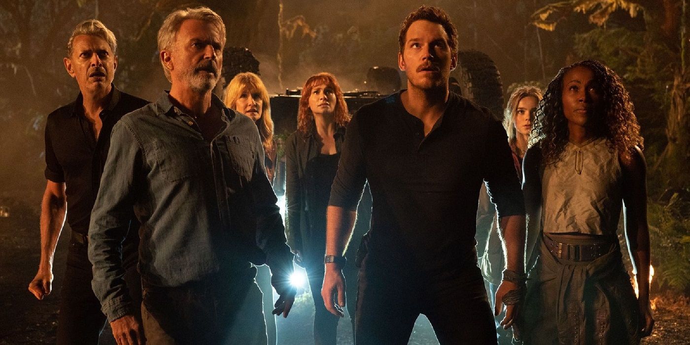  The main characters in Jurassic World: Dominion looking ahead with shocked expressions.