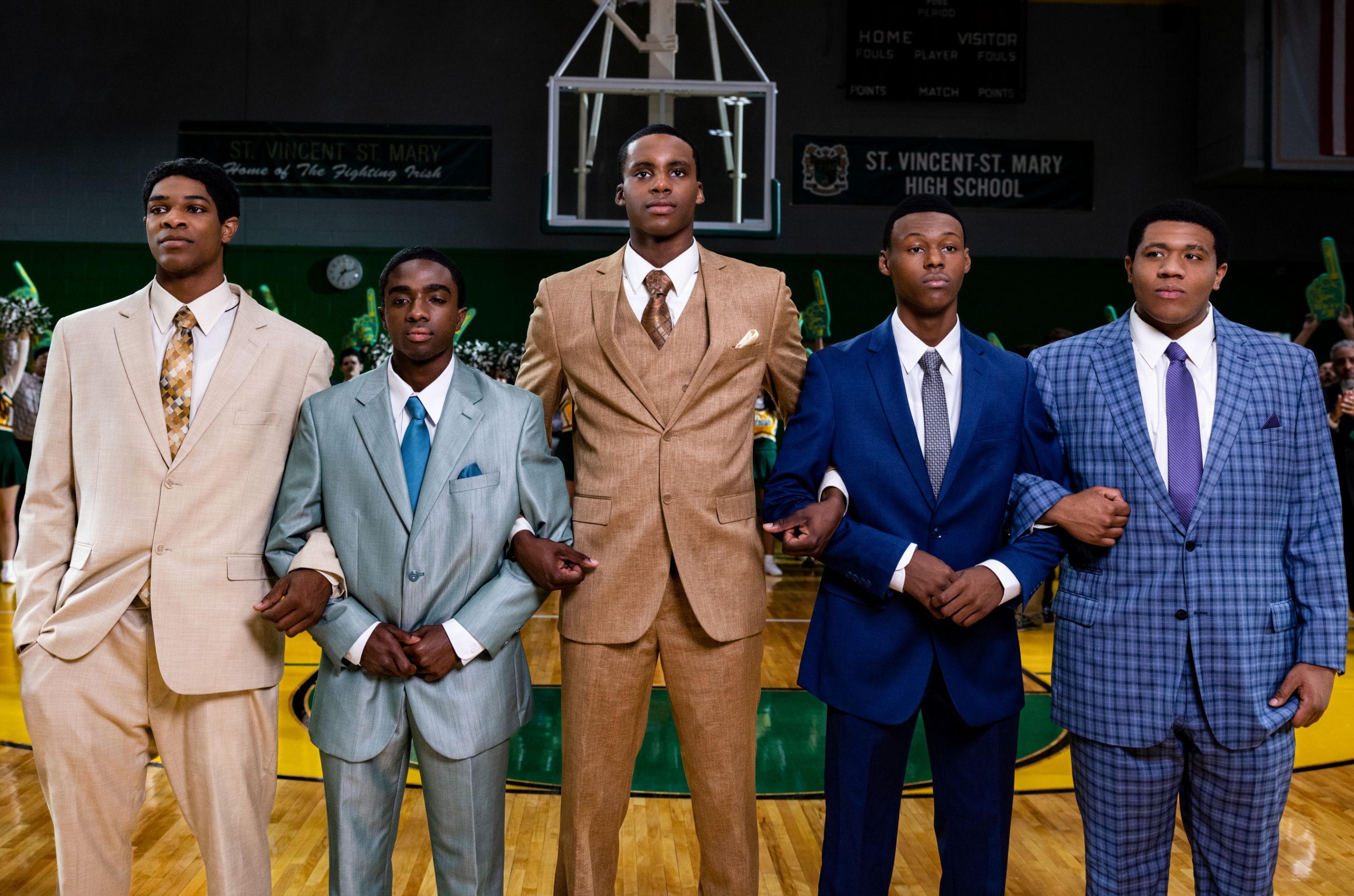 Marquis "Mookie" Cook as LeBron James, Caleb McLaughlin as Lil Dru Joyce, Avery "AJ" Wills Jr. as Willie McGee, Khalil Everage as Sian Cotton, and Sterling "Scoot" Henderson as Romeo Travis in Shooting Stars