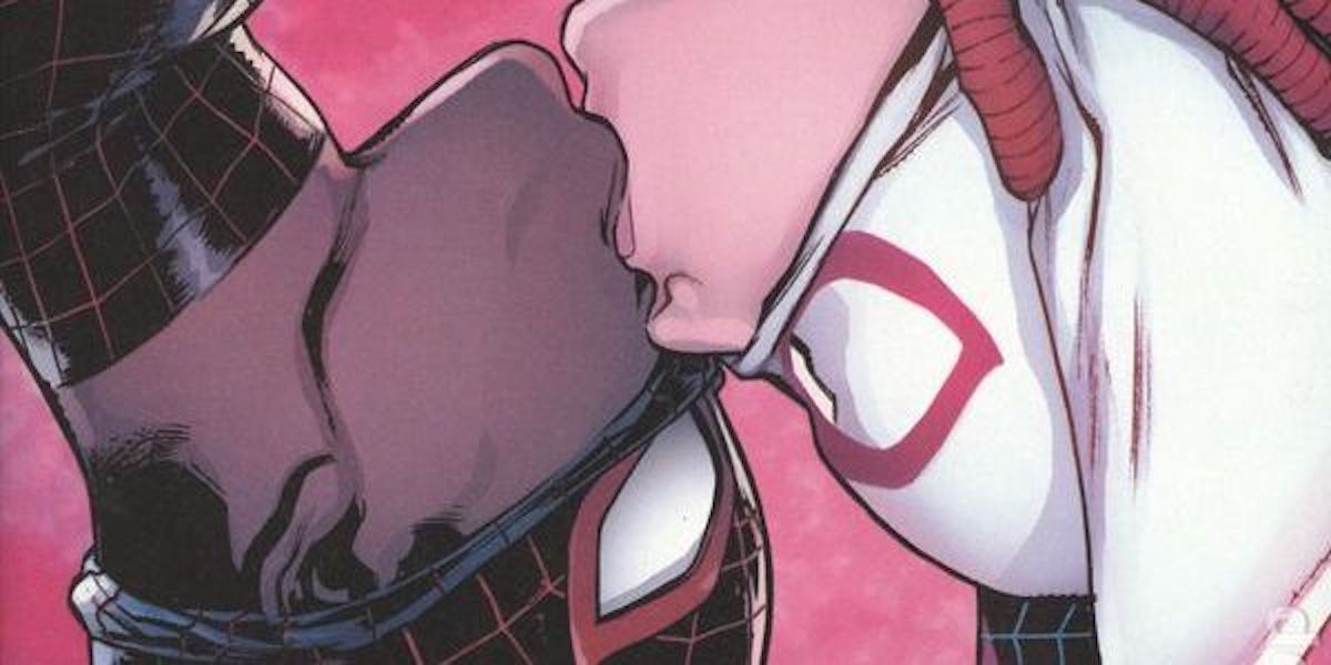 Spider-Man and Spider-Gwen kiss in the Marvel Comics storyline Sitting in a Tree