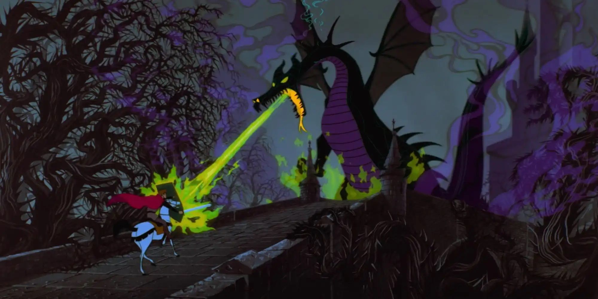 Philip charges towards Maleficent, who has turned into a dragon and is breathing fire in the film Sleeping Beauty.