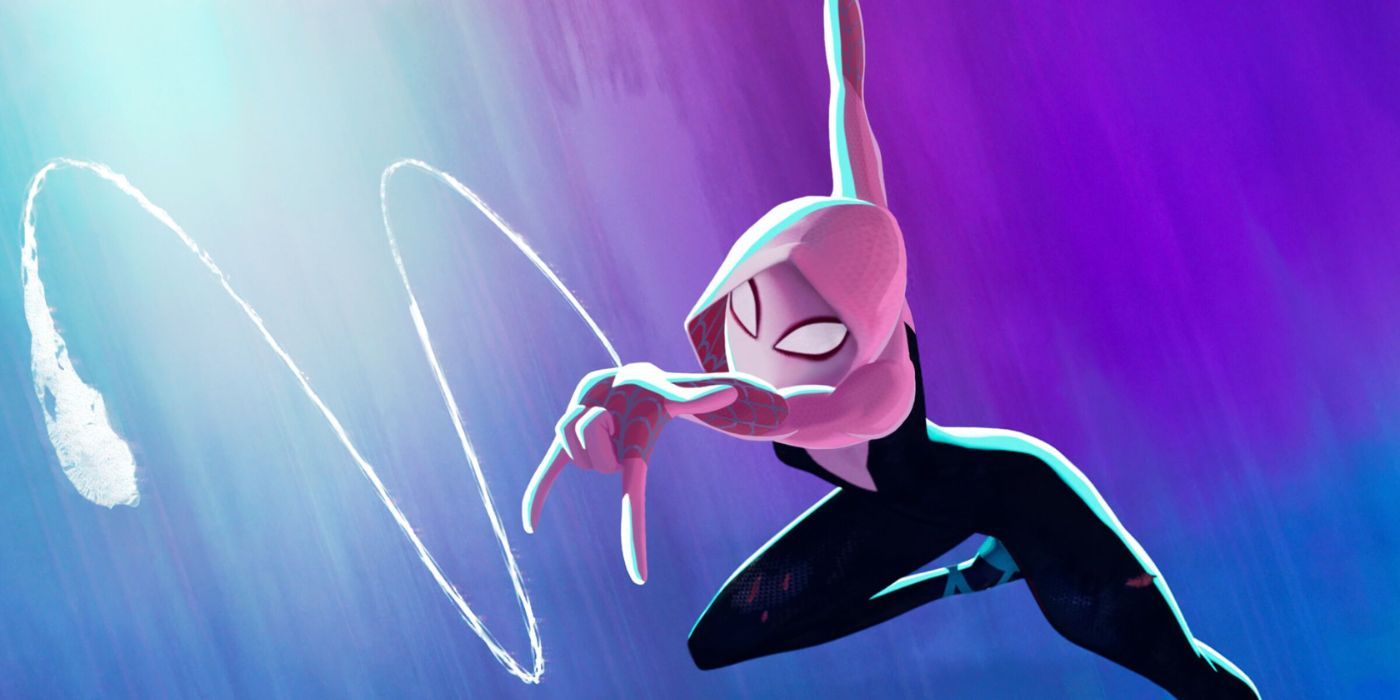 Gwen shooting a web as she swings through the air in Spider-Man: Across the Spider-Verse