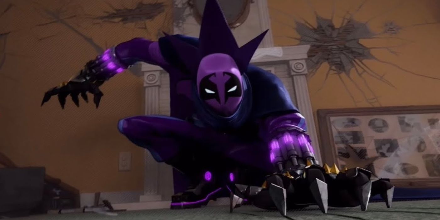 Aaron Davis, aka The Prowler crouched with his claw on the gorund in Spider-Man: Into the Spider-Verse