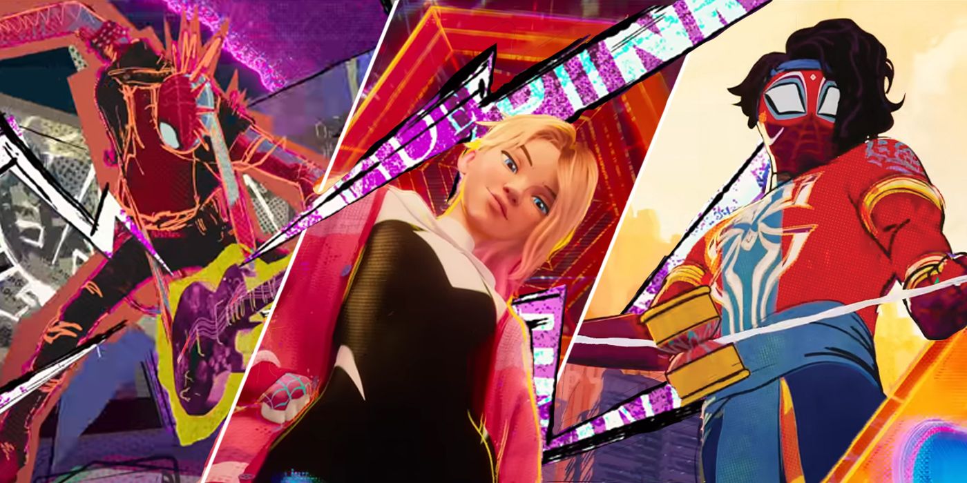 Stylized Collage of Hobie Brown SpiderPunk, Gwen Stacy SpiderWoman and Pavitr Parkhabar Spiderman India from 'Spider-Man: Across the Spiderverse'