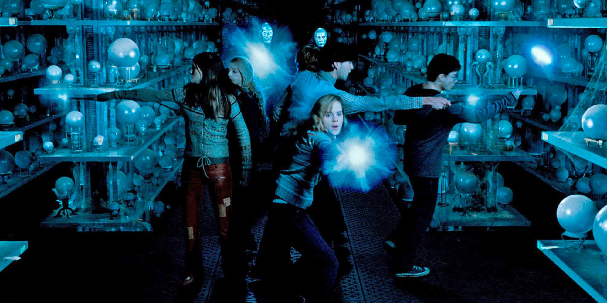 Harry Potter and the members of Dumbledore's Army fight off Death Eaters in all directions in the Ministry of Magic.