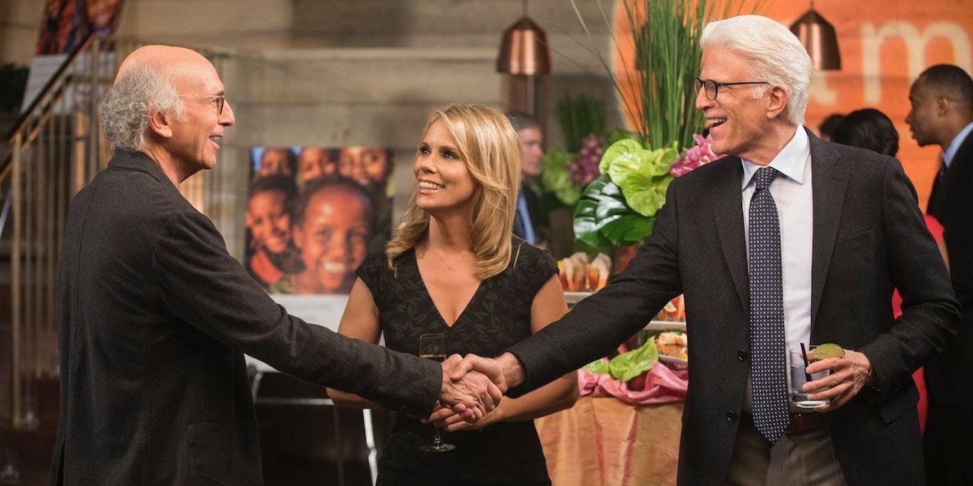 Larry David and Ted Danson shake hands on Curb Your Enthusiasm with Cheryl standing between them
