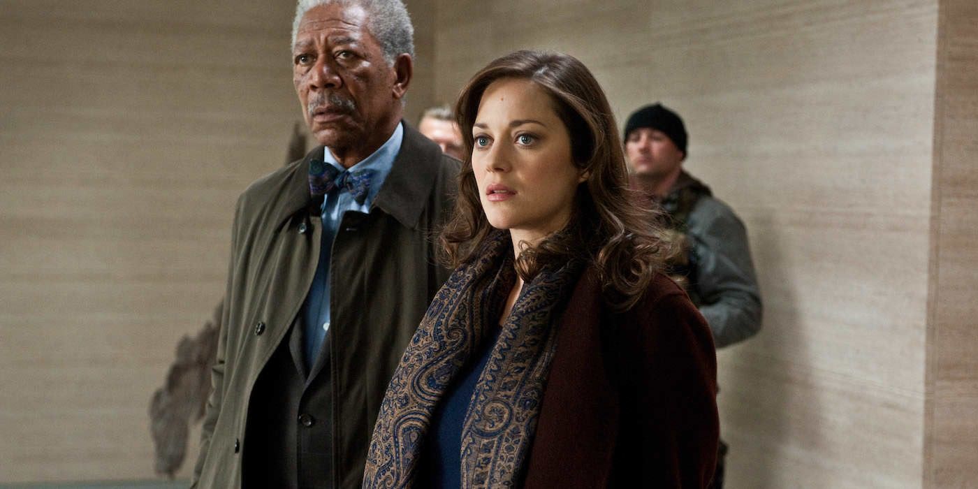 Marion Cotillard and Morgan Freeman in The Dark Knight Rises