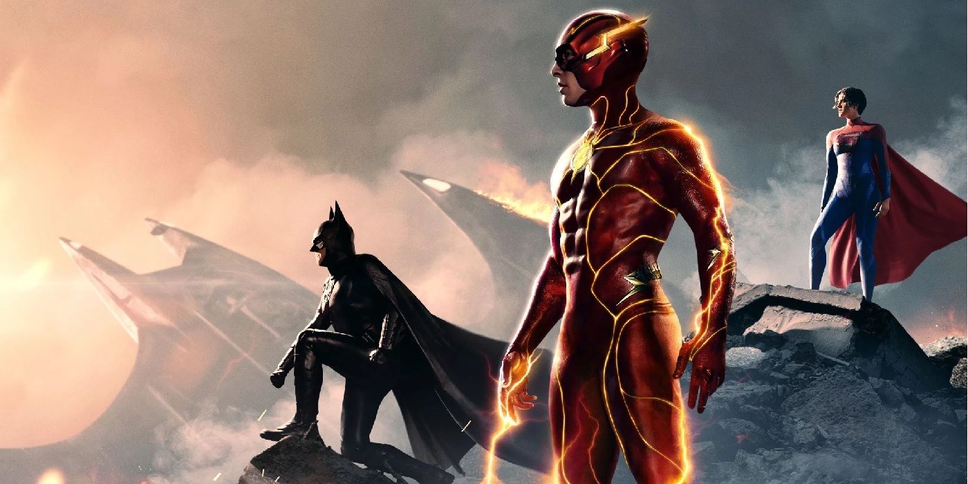 Batman (Michael Keaton), Supergirl (Sasha Calle) and the Flash (Ezra Miller) stand tall in 'The Flash'