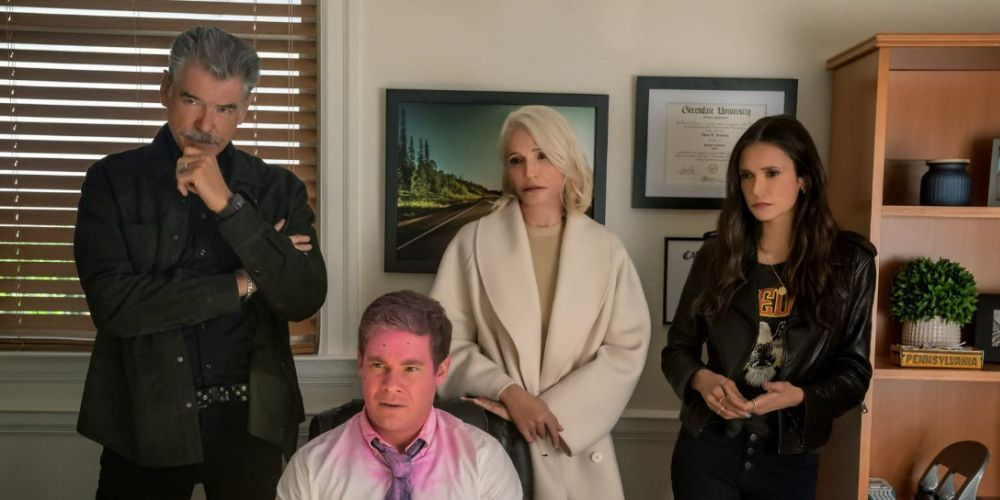 Pierce Brosnan, Adam DeVine, Ellen Barkin, and Nina Dobrev as cast of The Out-Laws