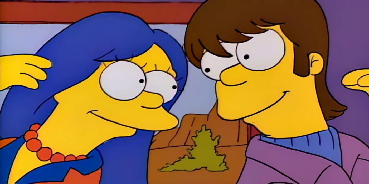 A young Homer and Marge as high school students smiling at each other in The Simpsons Season 2 episode, 'The Way We Was'