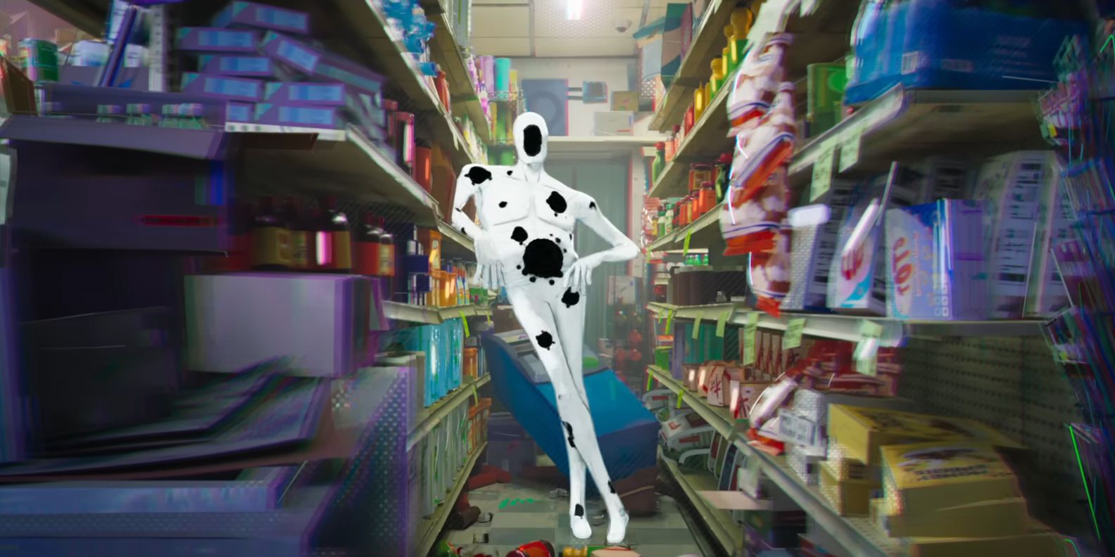 The Spot from 'Spider-Man: Across The Spiderverse', he is white figure with black holes on his body standing in a bodega aisle