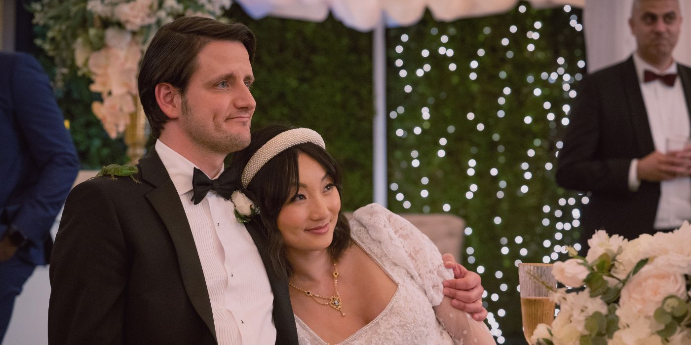 Poppy Liu and Zach Woods as bride and groom.