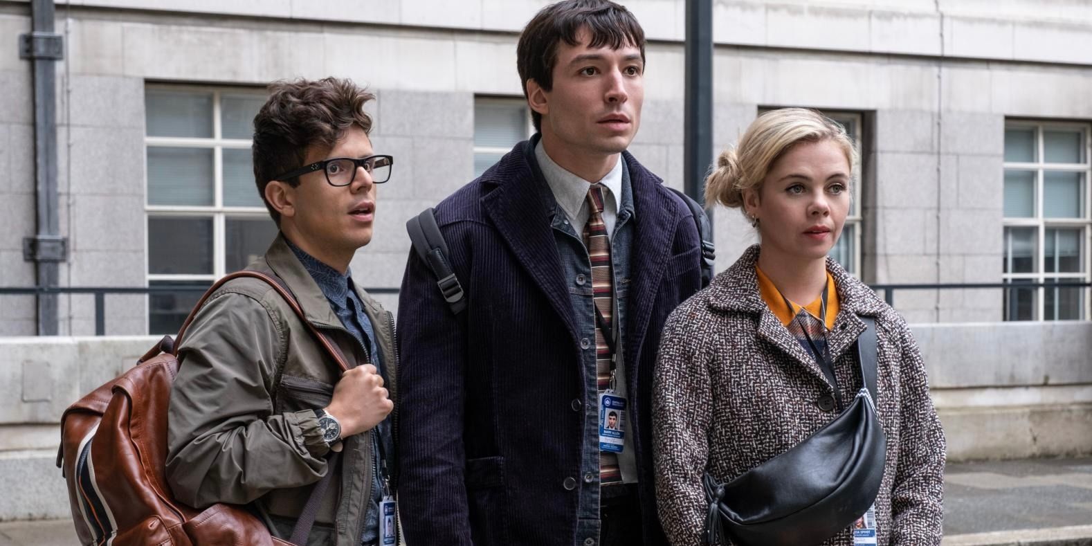 A still from The Flash featuring Albert Desmond (played by Rudy Mancuso), Barry Allen (played by Ezra Miller), and Patty Spivot (played by Saoirse-Monica Jackson).