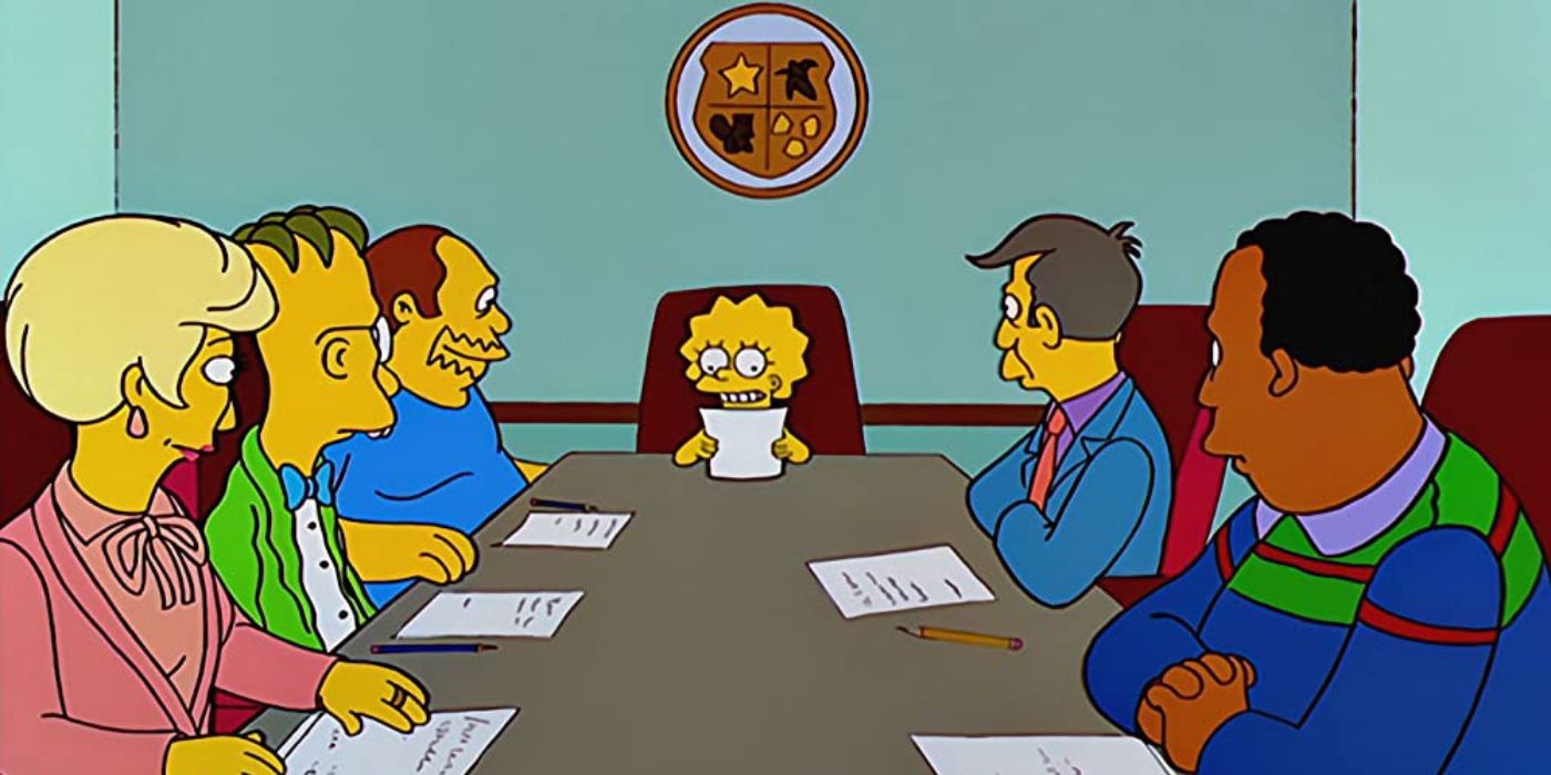 Lisa sitting at the head of a conference table in a board room meeting in The Simpsons' episode They Saved Lisa's Brain