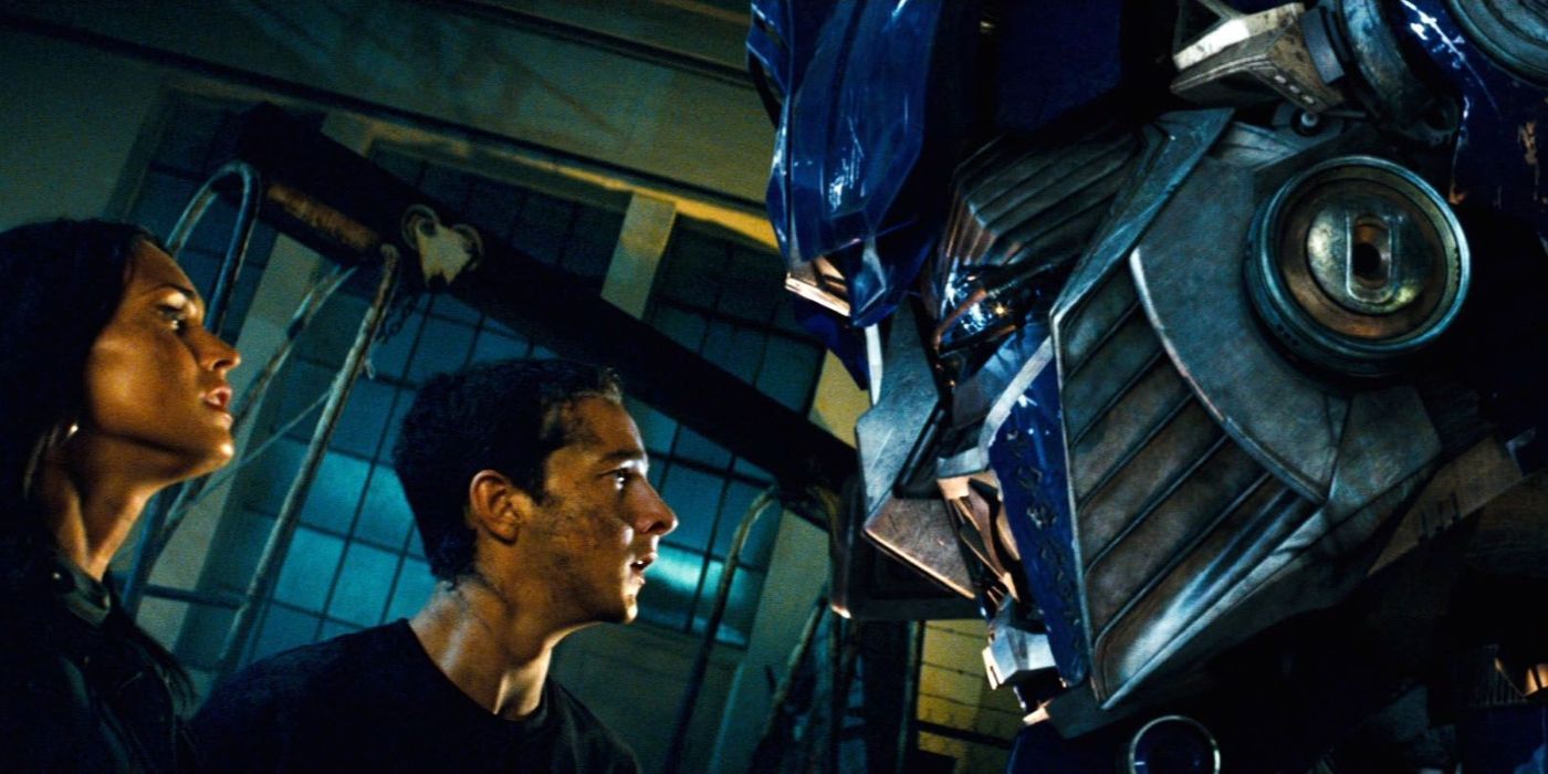 Shia LaBeouf and Megan Fox have a stare down with Optimus Prime. 