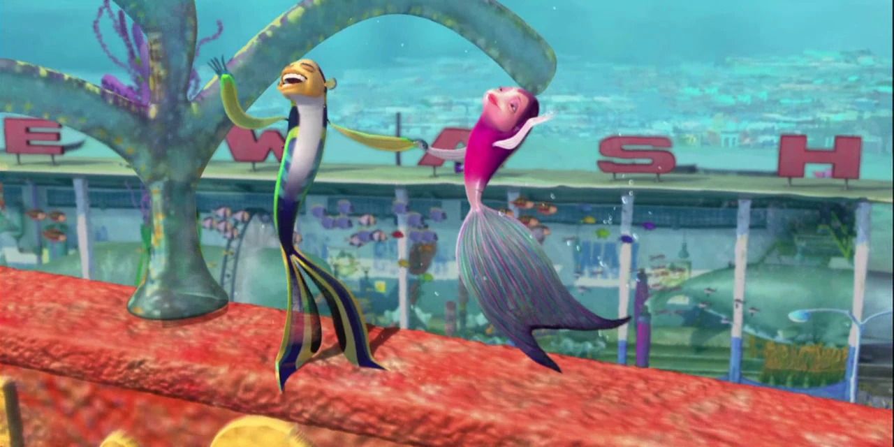 Two animated fish dancing atop a car wash in 'Shark Tale'