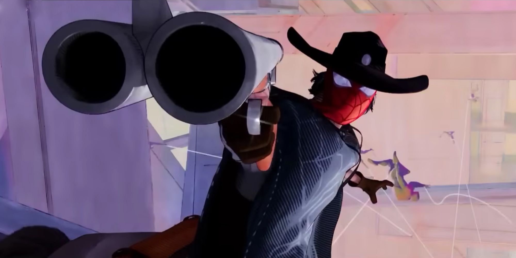 Patrick O'Hara, también conocido como Web-Slinger de 'Spider-Man Across the Spider-verse', es un vaquero enmascarado que apunta con un arma a la cámara.