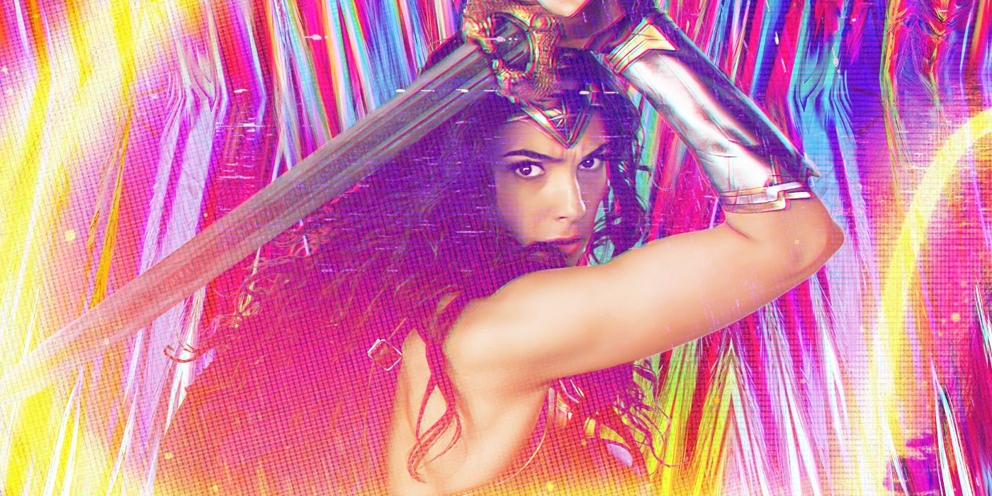 A custom image of Gal Gadot as Wonder Woman holding her sword in front of a colorful background