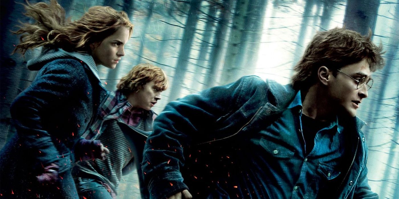 Harry, Ron and Hemoine escape through the woods
