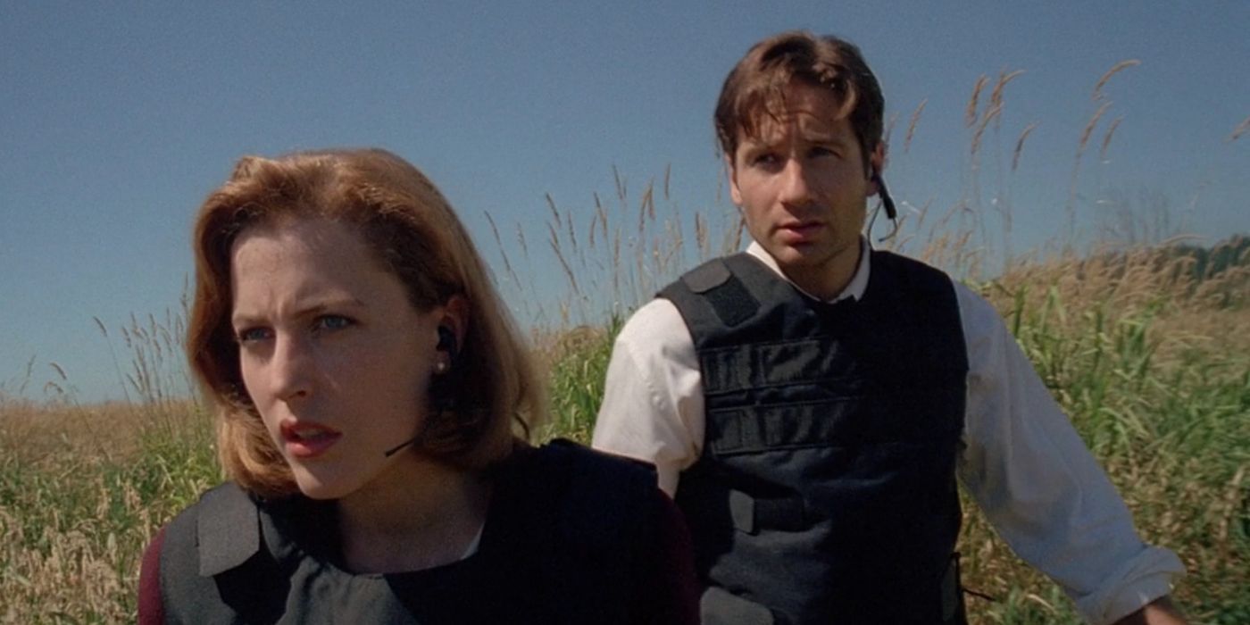 Gillian Anderson as Scully and David Duchovny as Mulder in The X-Files episode Home standing in a field.