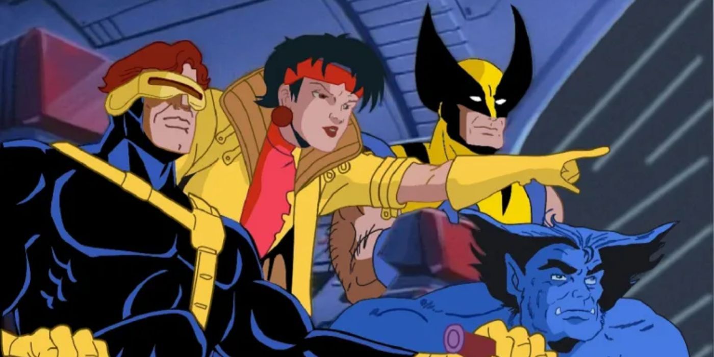 Cyclops, Jubilee, Wolverine, and Beast in X-Men-97 looking at an offscreen object