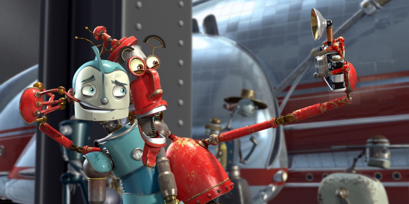 Rodney Copperbottom and Bender posing together for a selfie in Robots