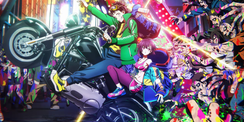 Two characters on a motorcycle in a city with a crowd around them in the anime Zom 100: Bucket List of the Dead.